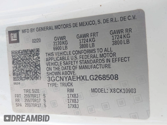 2020 Chevrolet Silverado 1500 with VIN 3GCNYAEHXLG268508, listed as a IAAI auction lot 41880479 with 111,085 mi miles and . Bid and sale history available at DreamBid. Image 9.