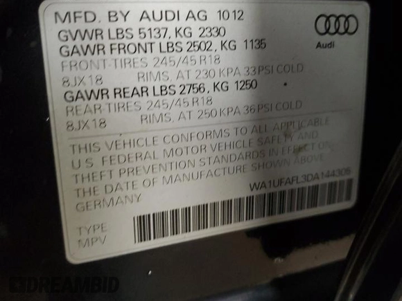 2013 Audi allroad Premium Plus with VIN WA1UFAFL3DA144305, listed as a Copart auction lot 82378864 with 237,990 mi miles and Clean Title. Bid and sale history available at carsss.com. Image 12.