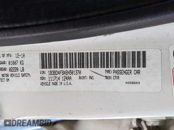 2011 Dodge Avenger Express with VIN 1B3BD4FBXBN501370, listed as a IAAI auction lot 41832258 with 221,468 mi miles and . Bid and sale history available at DreamBid. Image 9.