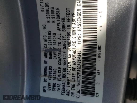 2013 Honda Accord LX z VIN 1HGCR2F39DA264948, wystawiony jako Copart lot #56367715 z przebiegiem 137 106 mil mil oraz Szkoda całkowita • Salvage title. Historia ofert i sprzedaży dostępna na DreamBid. Obrazek 13.