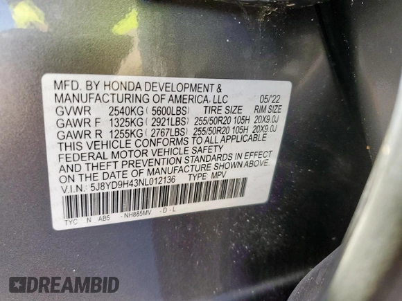 2022 Acura MDX Technology z VIN 5J8YD9H43NL012136, wystawiony jako Copart lot #45752875 z przebiegiem Nie podano mil oraz Szkoda całkowita • Salvage title. Historia ofert i sprzedaży dostępna na DreamBid. Obrazek 13.
