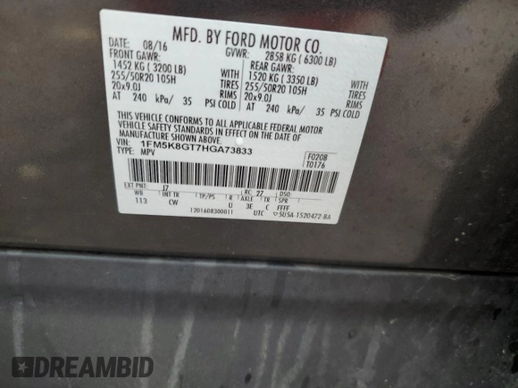 2017 Ford Explorer Sport с VIN 1FM5K8GT7HGA73833, выставлен на аукционе Copart как лот 56459295 с пробегом 76 742 миль миль и Списание • Salvage title. История ставок и продаж доступна на DreamBid. Изображение 14.