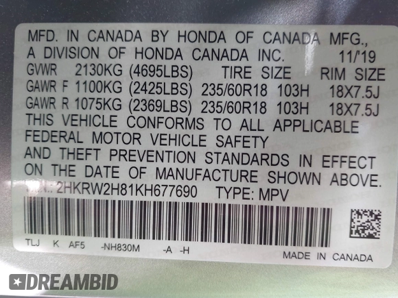 2019 Honda CR-V EX-L with VIN 2HKRW2H81KH677690, listed as a IAAI auction lot 41924225 with 39,227 mi miles and . Bid and sale history available at carsss.com. Image 9.