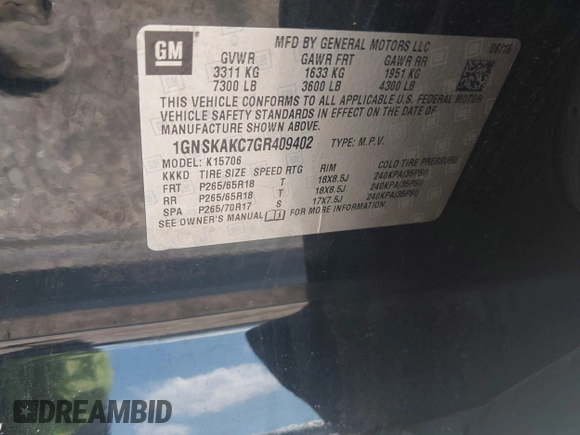 2016 Chevrolet Tahoe LS z VIN 1GNSKAKC7GR409402, wystawiony jako IAAI lot #42594767 z przebiegiem 210 315 mil mil oraz . Historia ofert i sprzedaży dostępna na DreamBid. Obrazek 9.