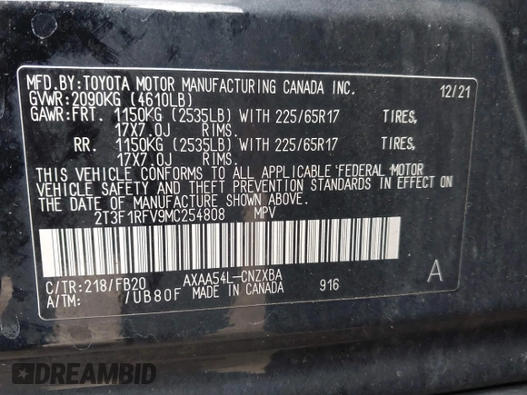 2021 Toyota RAV4 LE with VIN 2T3F1RFV9MC254808, listed as a IAAI auction lot 42326876 with 71,560 mi miles and . Bid and sale history available at DreamBid. Image 9.