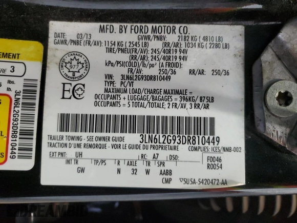 2013 Lincoln MKZ with VIN 3LN6L2G93DR810449, listed as a Copart auction lot 54926705 with 186,136 mi miles and Salvage Title. Bid and sale history available at DreamBid. Image 13.