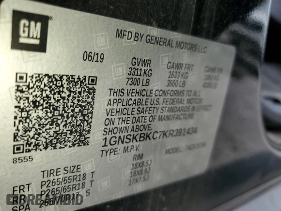 2019 Chevrolet Tahoe LT with VIN 1GNSKBKC7KR391434, listed as a Copart auction lot 55743695 with 118,160 mi miles and Salvage title. Bid and sale history available at DreamBid. Image 13.