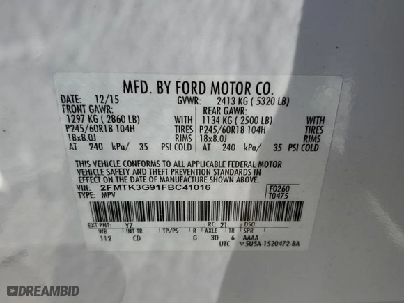 2015 Ford Edge SE with VIN 2FMTK3G91FBC41016, listed as a Copart auction lot 51779135 with 94,669 mi miles and Salvage Title. Bid and sale history available at carsss.com. Image 15.