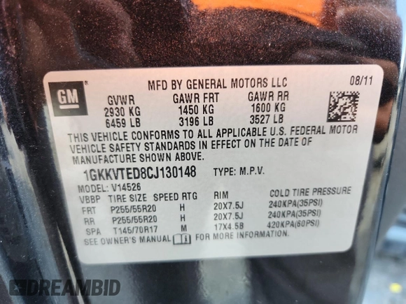 2012 GMC Acadia Denali with VIN 1GKKVTED8CJ130148, listed as a Copart auction lot 63664875 with 138,918 mi miles and Salvage title. Bid and sale history available at DreamBid. Image 12.