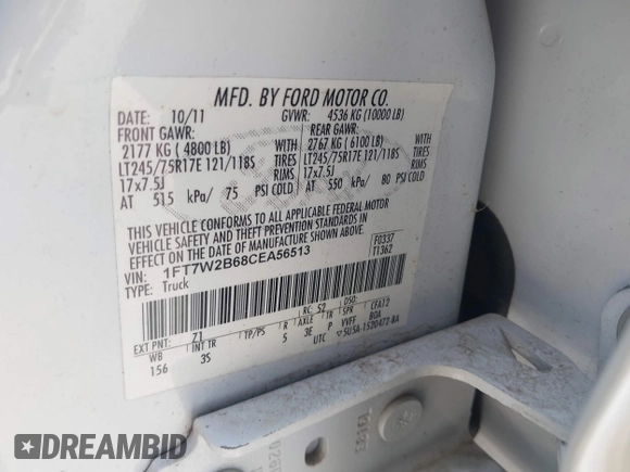 2012 Ford F-250 XL with VIN 1FT7W2B68CEA56513, listed as a IAAI auction lot 42745893 with 200,946 mi miles and . Bid and sale history available at DreamBid. Image 9.