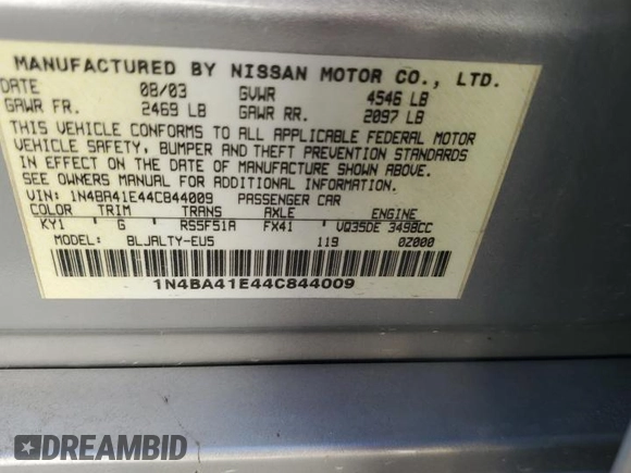 2004 Nissan Maxima SE with VIN 1N4BA41E44C844009, listed as a Copart auction lot 77887584 with 252,152 mi miles and Salvage Title. Bid and sale history available at DreamBid. Image 12.