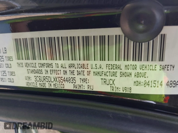 2019 Ram 2500 Big Horn with VIN 3C6UR5DLXKG544035, listed as a IAAI auction lot 42560785 with 76,606 mi miles and . Bid and sale history available at DreamBid. Image 9.