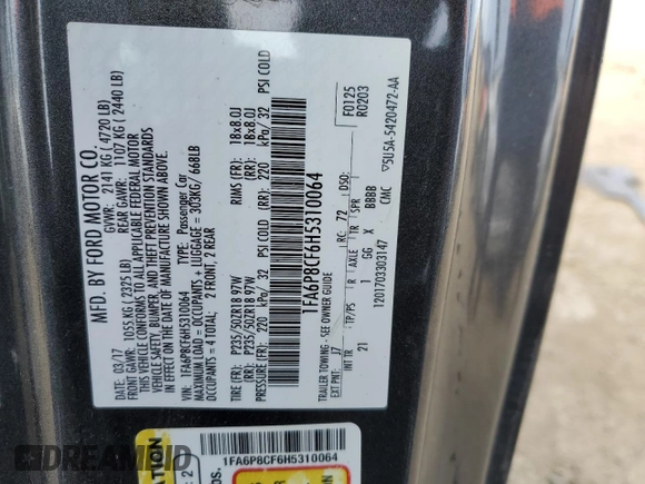 2017 Ford Mustang GT with VIN 1FA6P8CF6H5310064, listed as a Copart auction lot 44634385 with 67,617 mi miles and Salvage Title. Bid and sale history available at DreamBid. Image 14.