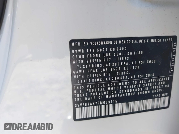 2024 Volkswagen Tiguan S with VIN 3VVFB7AX7RM063715, listed as a IAAI auction lot 41974650 with 23,374 mi miles and . Bid and sale history available at DreamBid. Image 9.