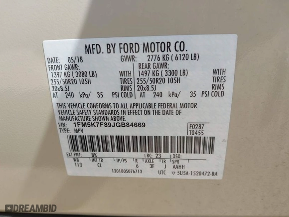 2018 Ford Explorer Limited with VIN 1FM5K7F89JGB84669, listed as a IAAI auction lot 41880507 with 93,941 mi miles. Bid and sale history available at carsss.com. Image 9.
