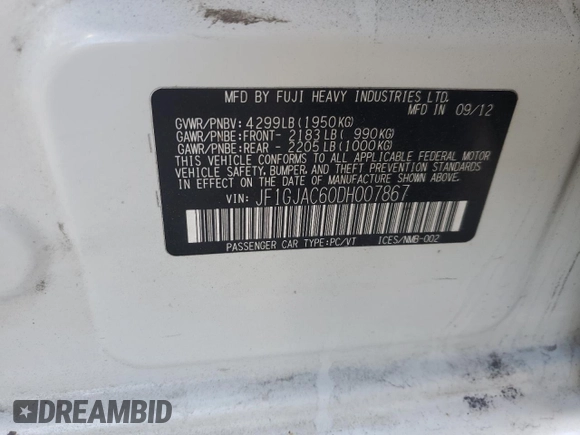2013 Subaru Impreza Premium с VIN JF1GJAC60DH007867, выставлен на аукционе Copart как лот 48893025 с пробегом 173 580 миль миль и Списание • Salvage title. История ставок и продаж доступна на DreamBid. Изображение 12.
