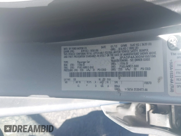 2013 Ford Fiesta S with VIN 3FADP4AJ0DM195196, listed as a IAAI auction lot 41817500 with 124,662 mi miles and . Bid and sale history available at DreamBid. Image 9.