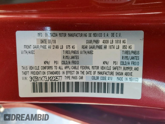 2018 Mazda 3 Sport with VIN 3MZBN1K73JM202577, listed as a Copart auction lot 52208665 with 134,207 mi miles and Salvage Title. Bid and sale history available at DreamBid. Image 12.