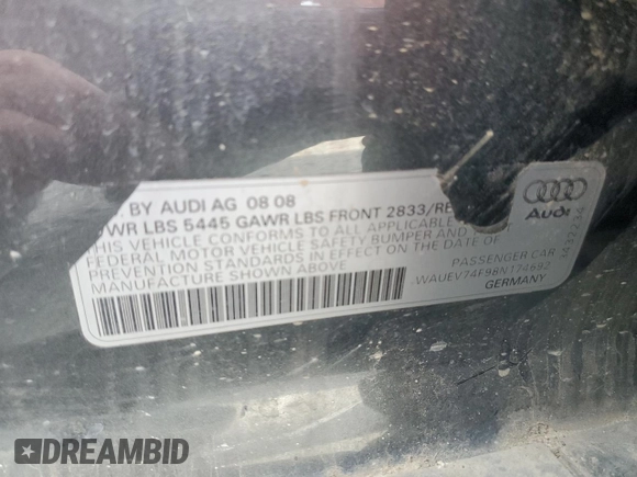 2008 Audi A6 z VIN WAUEV74F98N174692, wystawiony jako Copart lot #50834895 z przebiegiem 144 340 mil mil oraz Szkoda całkowita • Salvage title. Historia ofert i sprzedaży dostępna na DreamBid. Obrazek 12.