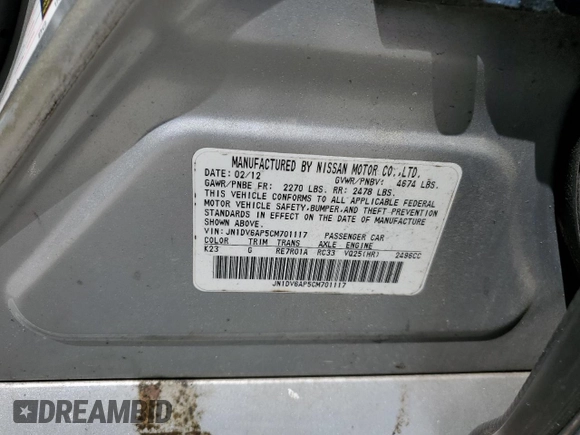 2012 Infiniti G25 Journey with VIN JN1DV6AP5CM701117, listed as a Copart auction lot 60403355 with 168,573 mi miles and Salvage title. Bid and sale history available at DreamBid. Image 12.