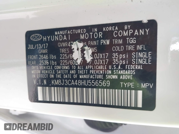 2017 Hyundai Tucson SE with VIN KM8J3CA48HU556569, listed as a IAAI auction lot 41378853 with 67,832 mi miles. Bid and sale history available at carsss.com. Image 9.