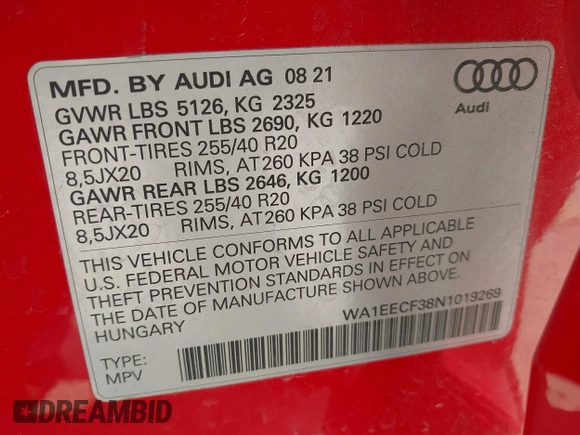 2022 Audi Q3 S line Premium Plus with VIN WA1EECF38N1019269, listed as a IAAI auction lot 42085737 with 40,982 mi miles and . Bid and sale history available at DreamBid. Image 9.