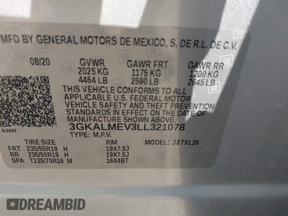 2020 GMC Terrain SLE with VIN 3GKALMEV3LL321078, listed as a IAAI auction lot 42414035 with 51,546 mi miles and . Bid and sale history available at DreamBid. Image 9.