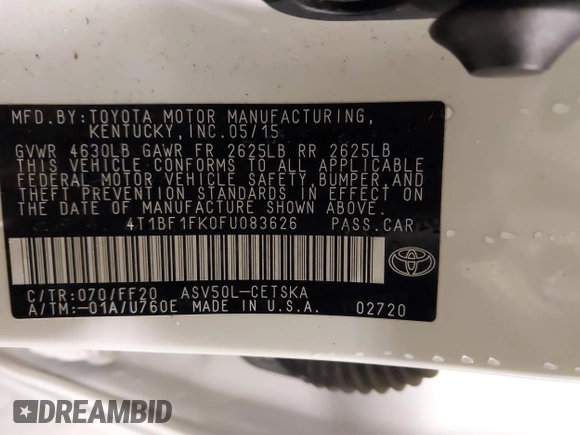 2015 Toyota Camry XLE with VIN 4T1BF1FK0FU083626, listed as a IAAI auction lot 41911558 with 79,640 mi miles and . Bid and sale history available at DreamBid. Image 9.