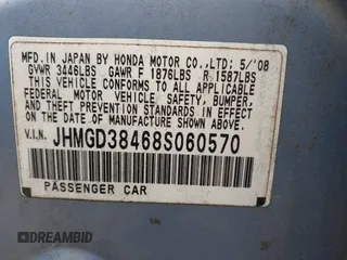 2008 Honda Fit with VIN JHMGD38468S060570, listed as a IAAI auction lot 42016018 with 133,574 mi miles. Bid and sale history available at carsss.com. Image 9.