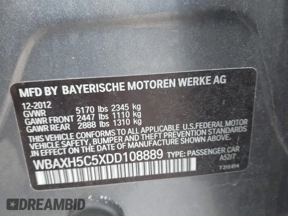 2013 BMW 5 Series 528i xDrive with VIN WBAXH5C5XDD108889, listed as a IAAI auction lot 41620024 with 103,542 mi miles. Bid and sale history available at carsss.com. Image 9.