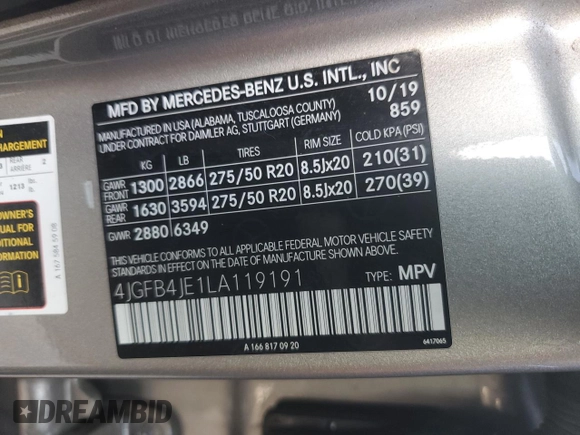 2020 Mercedes-Benz GLE 350 with VIN 4JGFB4JE1LA119191, listed as a Copart auction lot 65211915 with 87,844 mi miles and Salvage title. Bid and sale history available at DreamBid. Image 13.