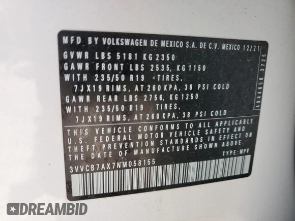 2022 Volkswagen Tiguan SE R-Line Black with VIN 3VVCB7AX7NM058155, listed as a Copart auction lot 49358225 with 28,093 mi miles and Salvage Title. Bid and sale history available at DreamBid. Image 16.