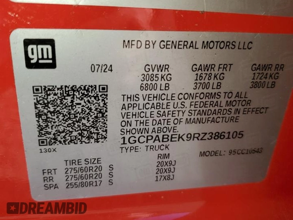 2024 Chevrolet Silverado 1500 Custom with VIN 1GCPABEK9RZ386105, listed as a Copart auction lot 45784925 with 6,080 mi miles and Salvage Title. Bid and sale history available at DreamBid. Image 15.