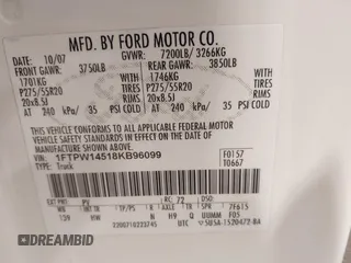 2008 Ford F-150 XLT with VIN 1FTPW14518KB96099, listed as a IAAI auction lot 41312992 with 192,141 mi miles. Bid and sale history available at carsss.com. Image 9.