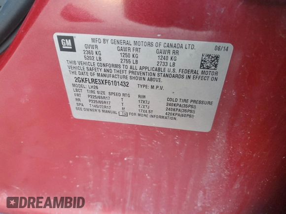 2015 GMC Terrain SLE with VIN 2GKFLRE3XF6101432, listed as a Copart auction lot 48554595 with 181,327 mi miles and Salvage Title. Bid and sale history available at carsss.com. Image 13.