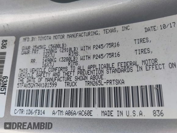 2017 Toyota Tacoma SR with VIN 5TFAX5GN7HX101599, listed as a IAAI auction lot 41762674 with 160,973 mi miles. Bid and sale history available at carsss.com. Image 9.