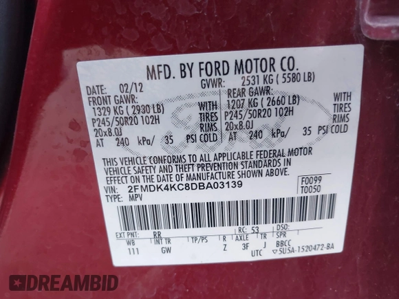2013 Ford Edge Limited z VIN 2FMDK4KC8DBA03139, wystawiony jako IAAI lot #41908860 z przebiegiem 162 442 mil mil oraz . Historia ofert i sprzedaży dostępna na DreamBid. Obrazek 9.
