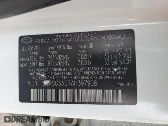 2010 Hyundai Santa Fe GLS z VIN 5NMSG3AB7AH397908, wystawiony jako Copart lot #59961605 z przebiegiem 178 387 mil mil oraz Szkoda całkowita • Salvage title. Historia ofert i sprzedaży dostępna na DreamBid. Obrazek 13.