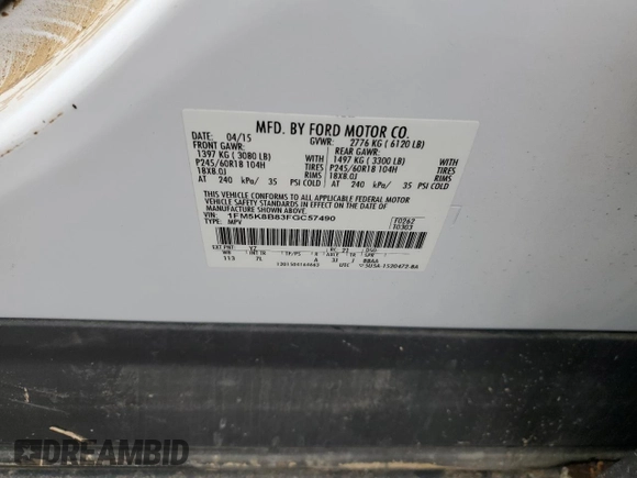 2015 Ford Explorer with VIN 1FM5K8B83FGC57490, listed as a Copart auction lot 84092624 with Not provided miles and Salvage title. Bid and sale history available at DreamBid. Image 14.