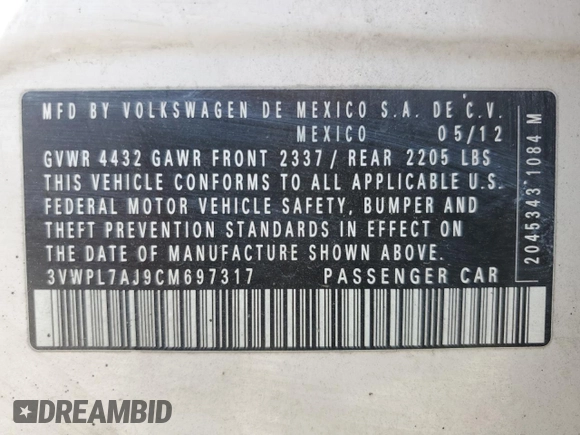 2012 Volkswagen Jetta TDI w/Sunroof & Nav with VIN 3VWPL7AJ9CM697317, listed as a Copart auction lot 63711405 with 133,200 mi miles and Clean title. Bid and sale history available at DreamBid. Image 12.