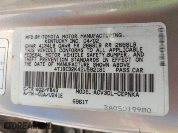 2002 Toyota Camry LE z VIN 4T1BE32K42U592181, wystawiony jako IAAI lot #42206721 z przebiegiem 299 947 mil mil oraz . Historia ofert i sprzedaży dostępna na DreamBid. Obrazek 9.
