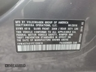 2015 Volkswagen Passat Limited Edition Edition z VIN 1VWAS7A31FC120815, wystawiony jako Copart lot #56392765 z przebiegiem 73 150 mil mil oraz Szkoda całkowita • Salvage title. Historia ofert i sprzedaży dostępna na DreamBid. Obrazek 12.