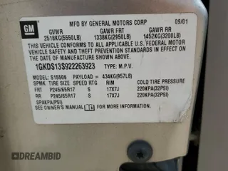 2002 GMC Envoy SLT z VIN 1GKDS13S922263923, wystawiony jako Copart lot #59234395 z przebiegiem Nie podano mil oraz Szkoda całkowita • Salvage title. Historia ofert i sprzedaży dostępna na DreamBid. Obrazek 12.