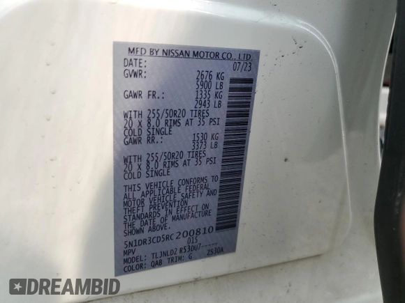 2024 Nissan Pathfinder SL with VIN 5N1DR3CD5RC200810, listed as a Copart auction lot 59194135 with 23,740 mi miles and Salvage title. Bid and sale history available at DreamBid. Image 13.