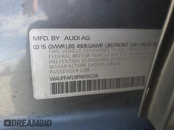 2015 Audi A4 Premium Plus with VIN WAUFFAFL8FN036236, listed as a Copart auction lot 48136715 with 140,901 mi miles and Salvage Title. Bid and sale history available at carsss.com. Image 13.