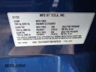 2022 Tesla Model Y Performance with VIN 7SAYGDEF7NF497076, listed as a IAAI auction lot 41759793 with 46,970 mi miles and . Bid and sale history available at DreamBid. Image 9.