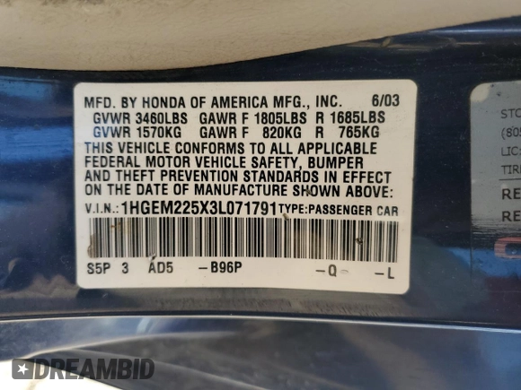 2003 Honda Civic LX with VIN 1HGEM225X3L071791, listed as a Copart auction lot 50315415 with 192,443 mi miles and Salvage Title. Bid and sale history available at DreamBid. Image 12.