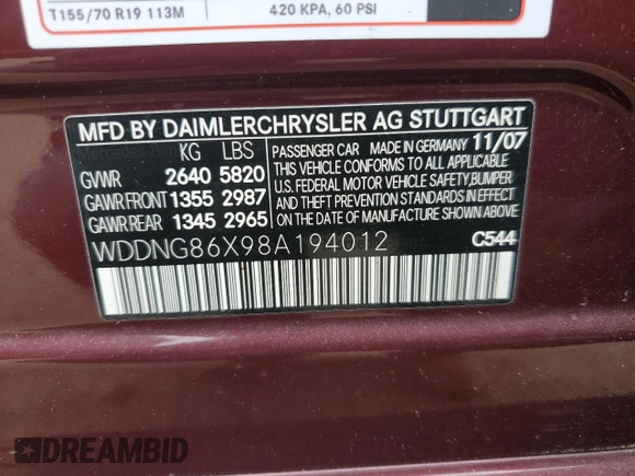 2008 Mercedes-Benz S 550 with VIN WDDNG86X98A194012, listed as a Copart auction lot 57961635 with 158,747 mi miles and Salvage title. Bid and sale history available at DreamBid. Image 12.