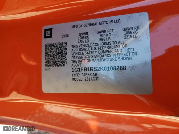 2019 Chevrolet Camaro 1LT with VIN 1G1FB1RS2K0108288, listed as a Copart auction lot 89109085 with 34,309 mi miles and Clean Title. Bid and sale history available at carsss.com. Image 12.