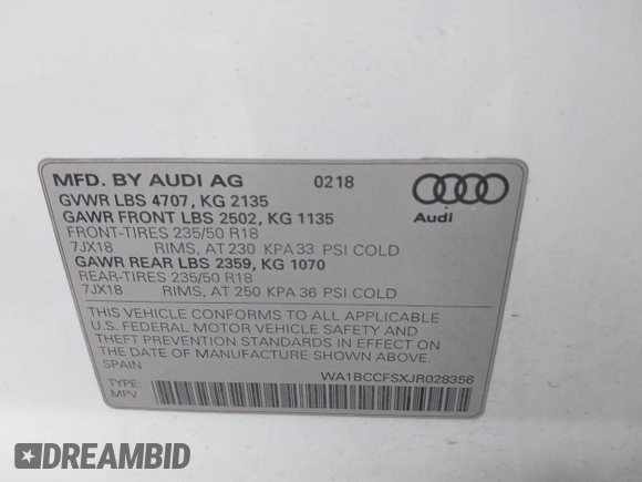 2018 Audi Q3 Premium z VIN WA1BCCFSXJR028356, wystawiony jako IAAI lot #41761544 z przebiegiem 82 877 mil mil oraz . Historia ofert i sprzedaży dostępna na DreamBid. Obrazek 9.